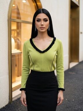 Vintage Valenti Lime Green Ruffle Knit V-Neck Top Medium